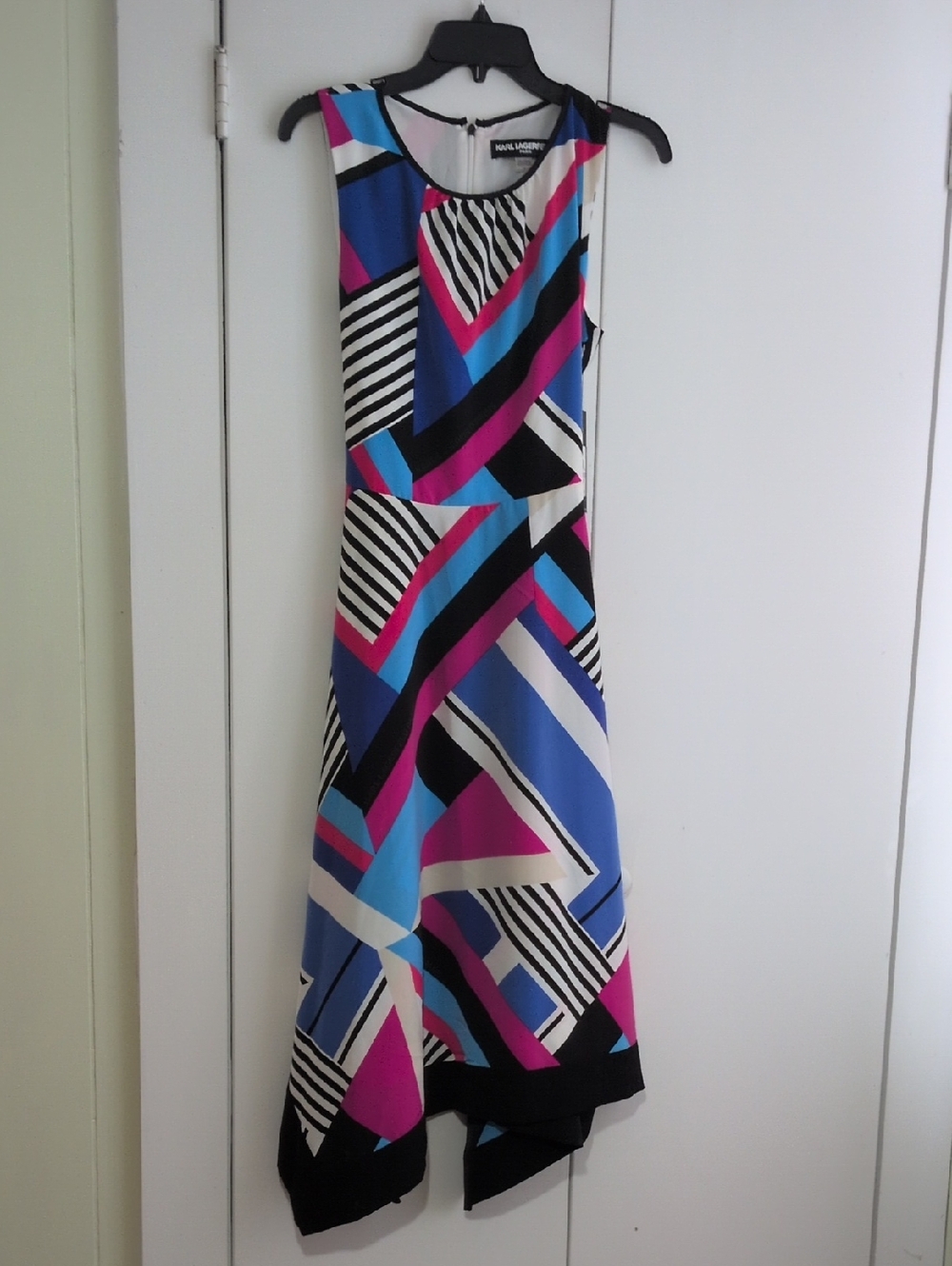 Karl Lagerfeld Blue, Pink & Black Geometric Sleeveless Asymmetrical Dress